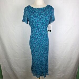 David Warren Petite Silk Floral Midi Dress Teal Purple Cutout Back NWT Size 10P